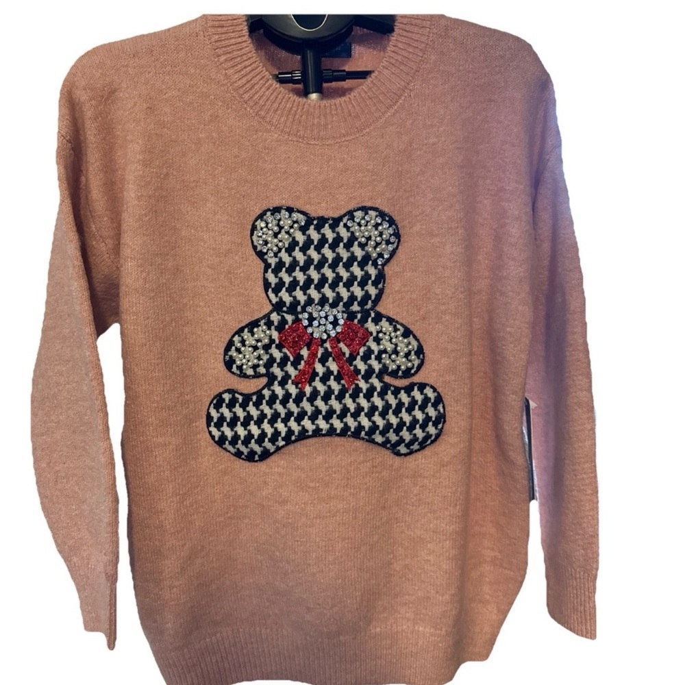 Women’s Boutique Large / XL Pink Teddy Bear Bow Sweater, Pearls, Gems, Bling NWT - Picture 2 of 11